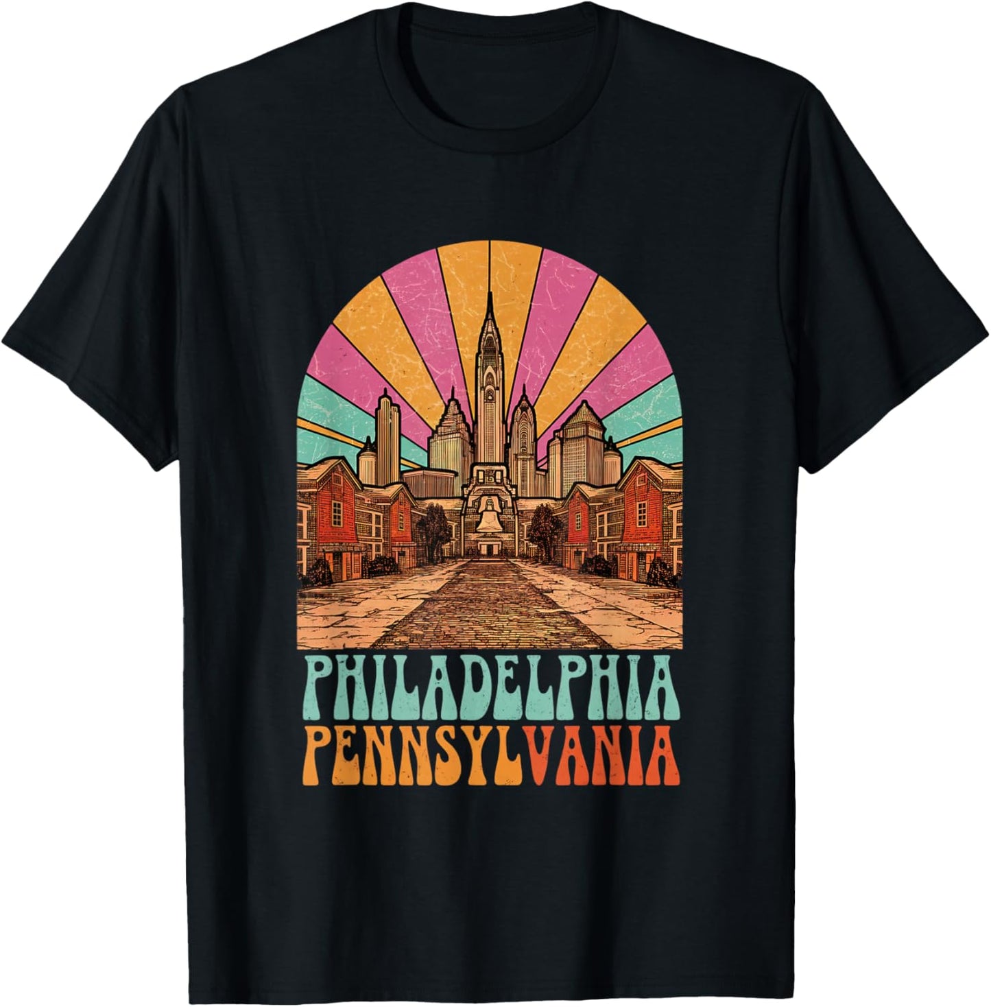 Vintage Philadelphia Pennsylvania Skyline Cityscape Retro T-Shirt - T-Shirt | Black