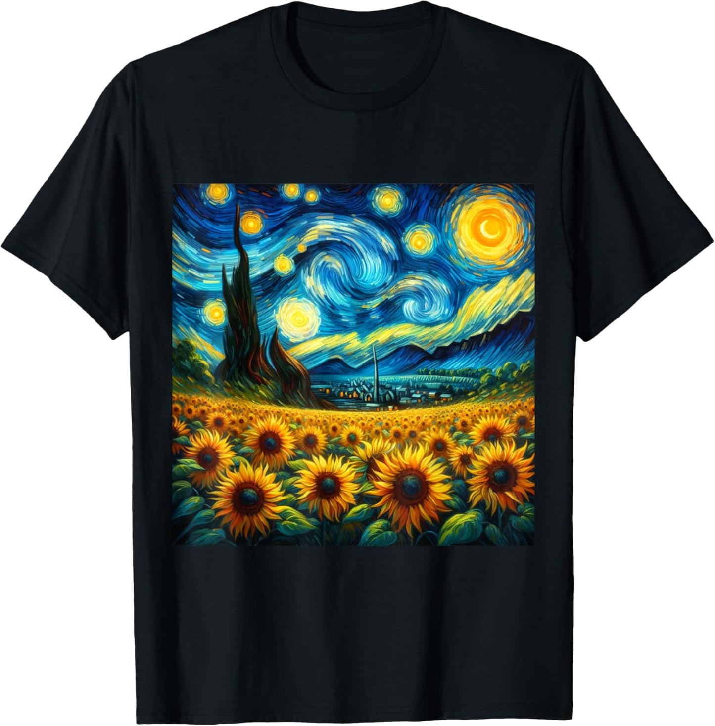 Sunflower Floral Flower Van Gogh Style Starry Night Art T-Shirt - T-Shirt | Black