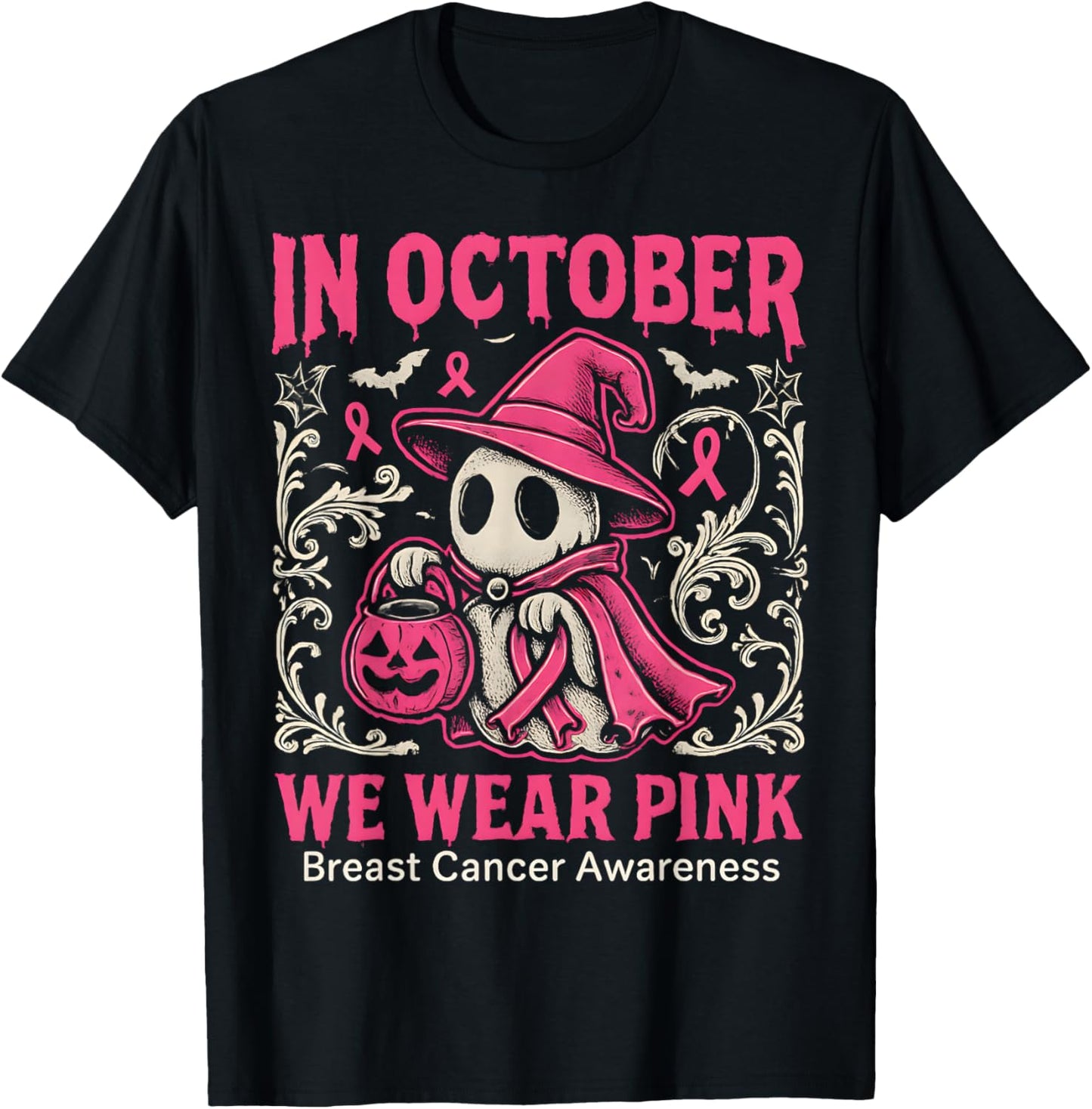 in October We Wear Pink Ghost Halloween Women Breast Cancer T-Shirt - T-Shirt | Black