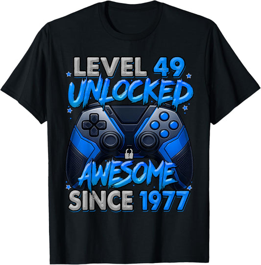 Level 49 Unlocked Awesome Since 1977 49th Birthday Gaming T-Shirt - T-Shirt | Black