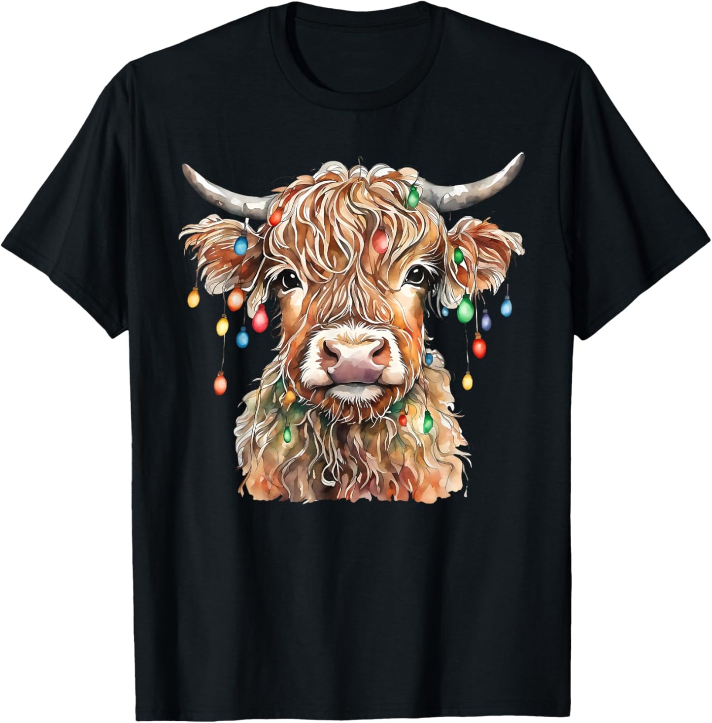 Highland Cow Xmas Lights Merry Christmas Pajamas Holiday T-Shirt - T-Shirt | Black