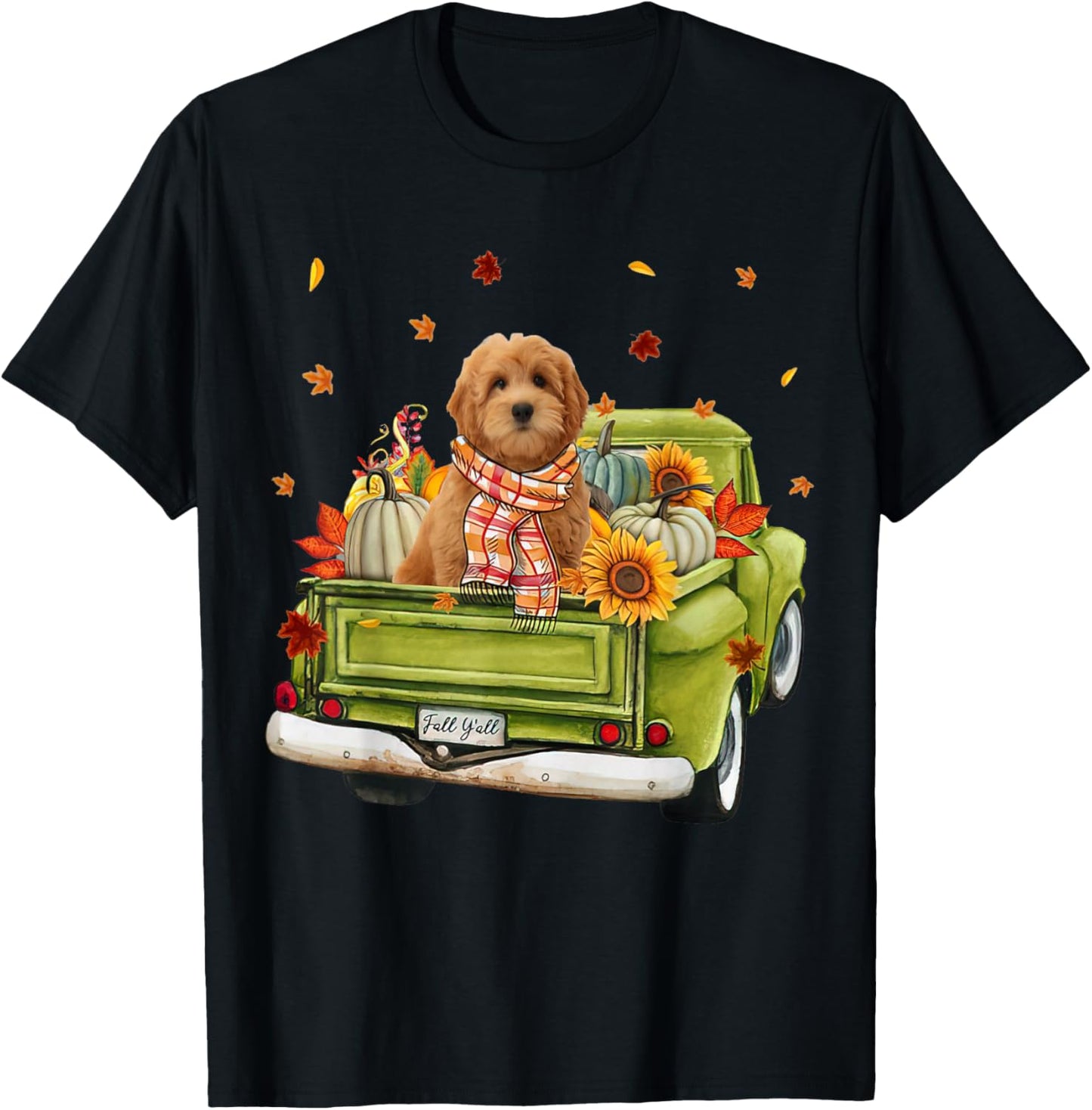 Happy Fall Y'all Goldendoodle Dog On Truck Pumpkin Fall T-Shirt - T-Shirt | Black
