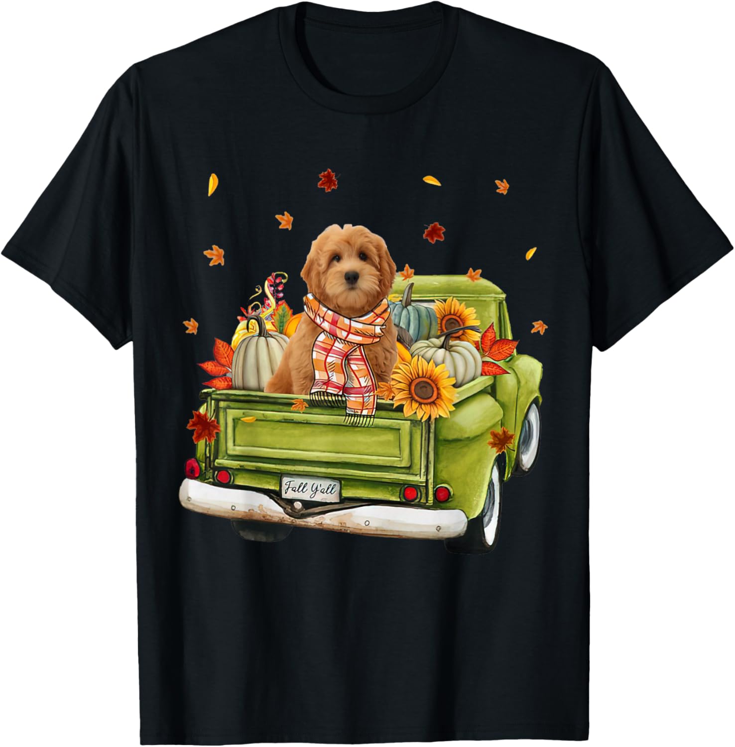 Happy Fall Y'all Goldendoodle Dog On Truck Pumpkin Fall T-Shirt - T-Shirt | Black