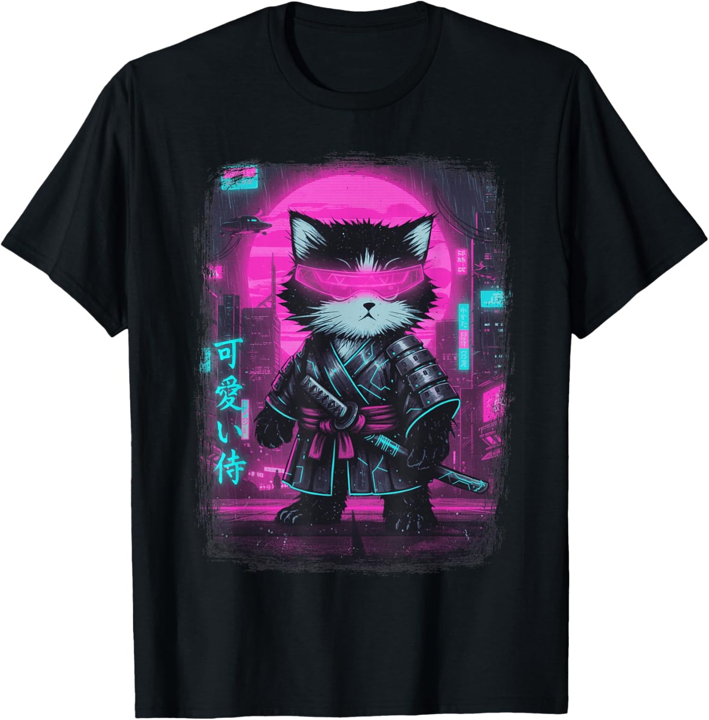 Cyberpunk Samurai Cat Japanese Art Kawaii Funny Cats T-Shirt - T-Shirt | Black