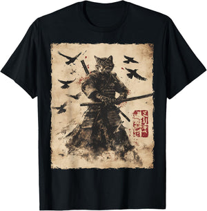 Cat Samurai Graphic Japanese Warrior Anime Men Women Kids T-Shirt - T-Shirt | Black