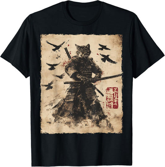 Cat Samurai Graphic Japanese Warrior Anime Men Women Kids T-Shirt - T-Shirt | Black