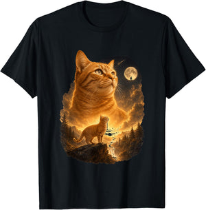 Orange Cat Howling at The Moon Cosmic Night Sky T-Shirt - T-Shirt | Black
