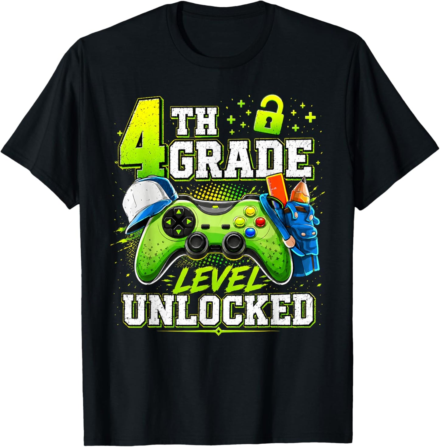 Back to School 4th Fourth Grade Level Unlocked Gamer Kid T-Shirt - T-Shirt | Black