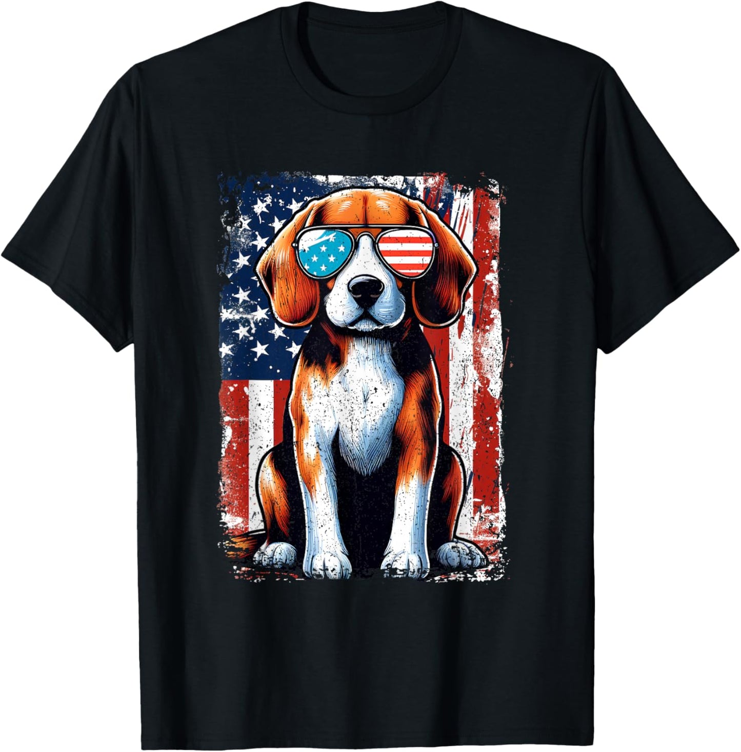 Vintage Beagle Dog American USA US Flag Pets Lovers Outfit T-Shirt - T-Shirt | Black