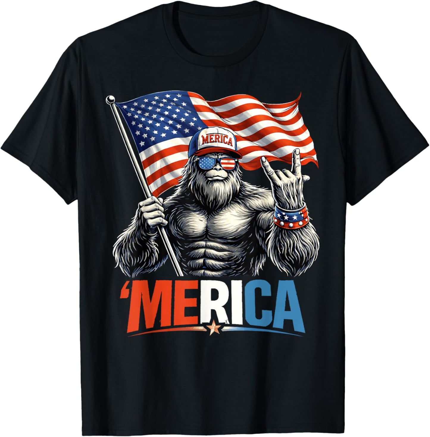 4th of July Bigfoot Merica Flag Patriotic Men Women Kid T-Shirt - T-Shirt | Black