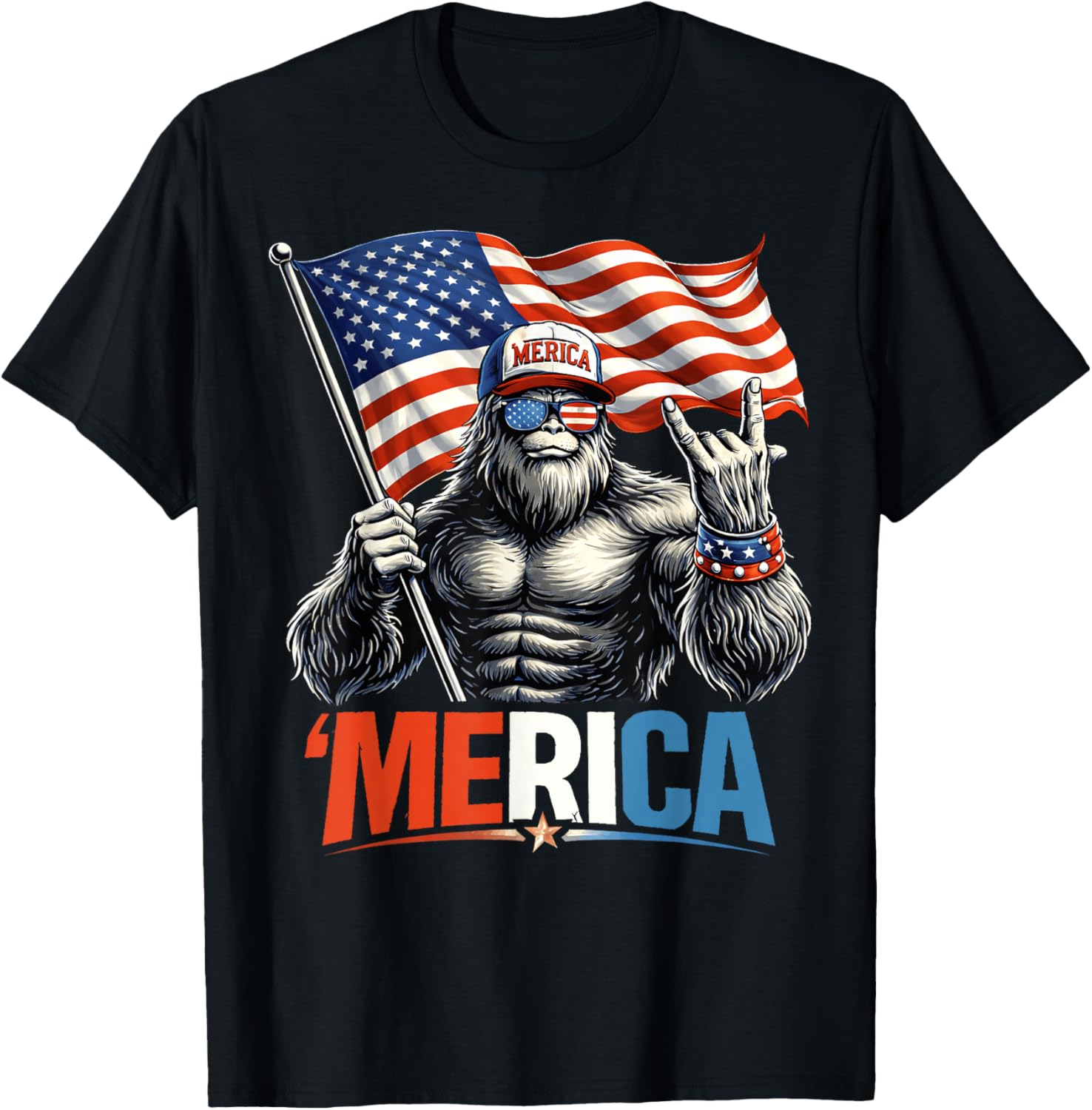 4th of July Bigfoot Merica Flag Patriotic Men Women Kid T-Shirt - T-Shirt | Black