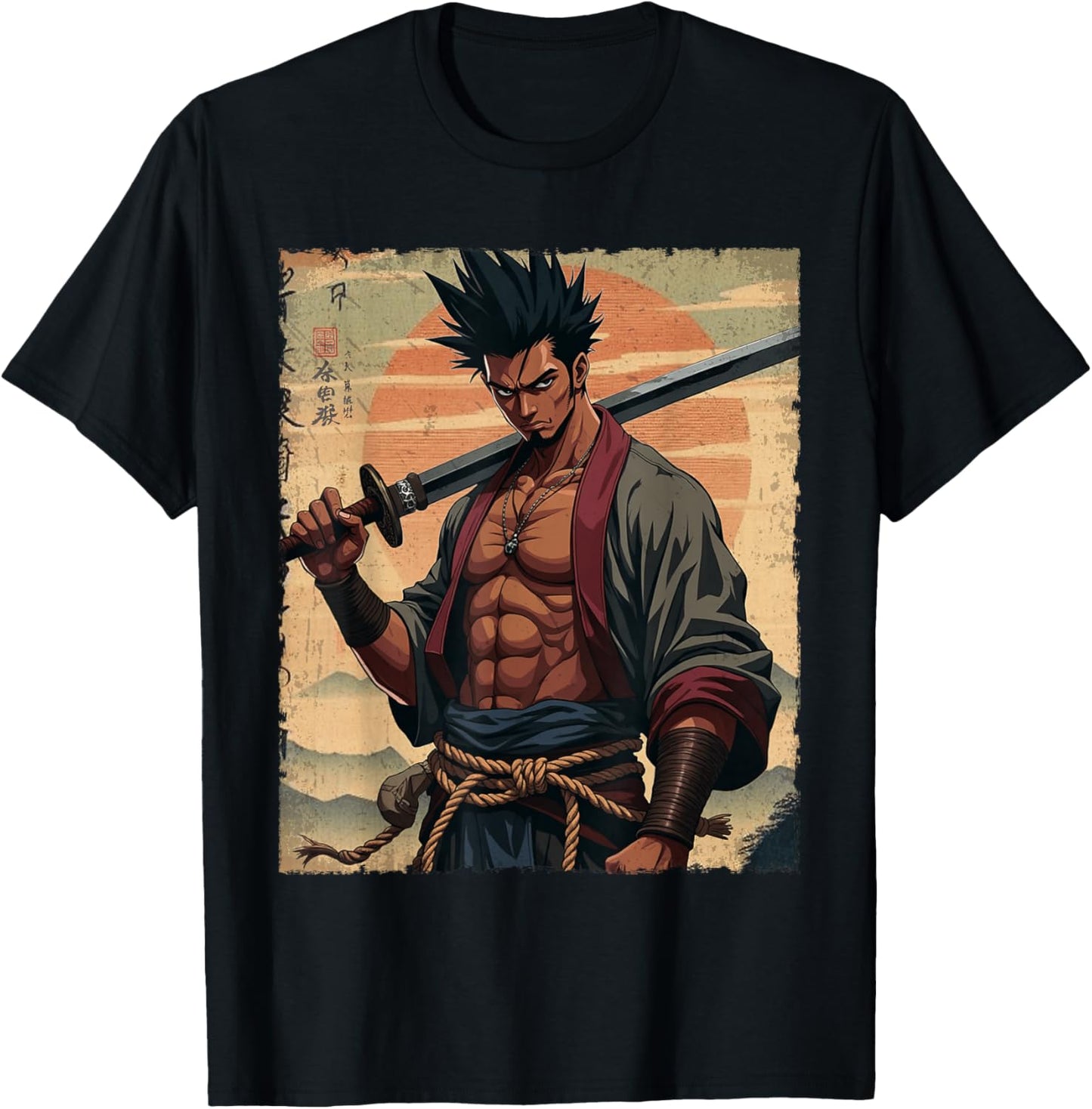 African Samurai Anime Afro American Bushido Warrior Katana T-Shirt - T-Shirt | Black