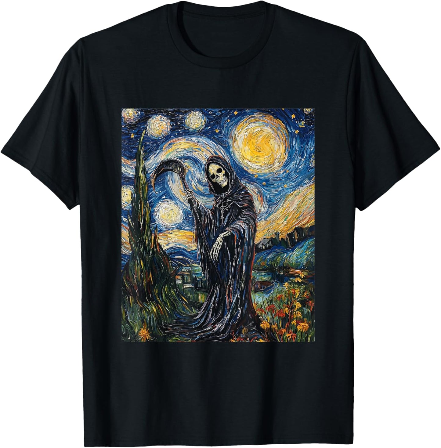 Grim Reaper Skeleton - Van Gogh Style - Starry Night T-Shirt - T-Shirt | Black