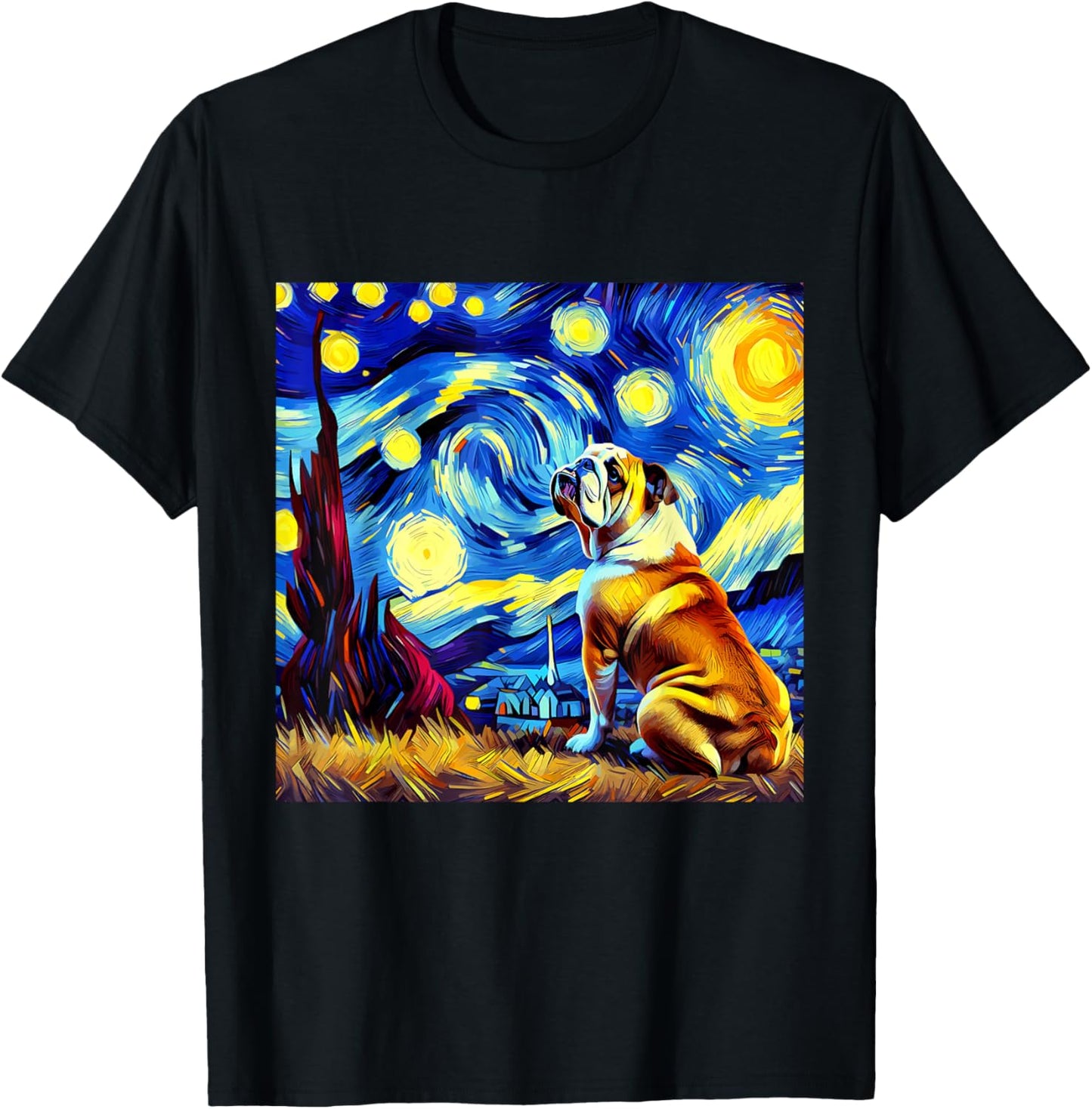 French Bulldog Van Gogh Starry Night Animal Frenchie Dog T-Shirt - T-Shirt | Black