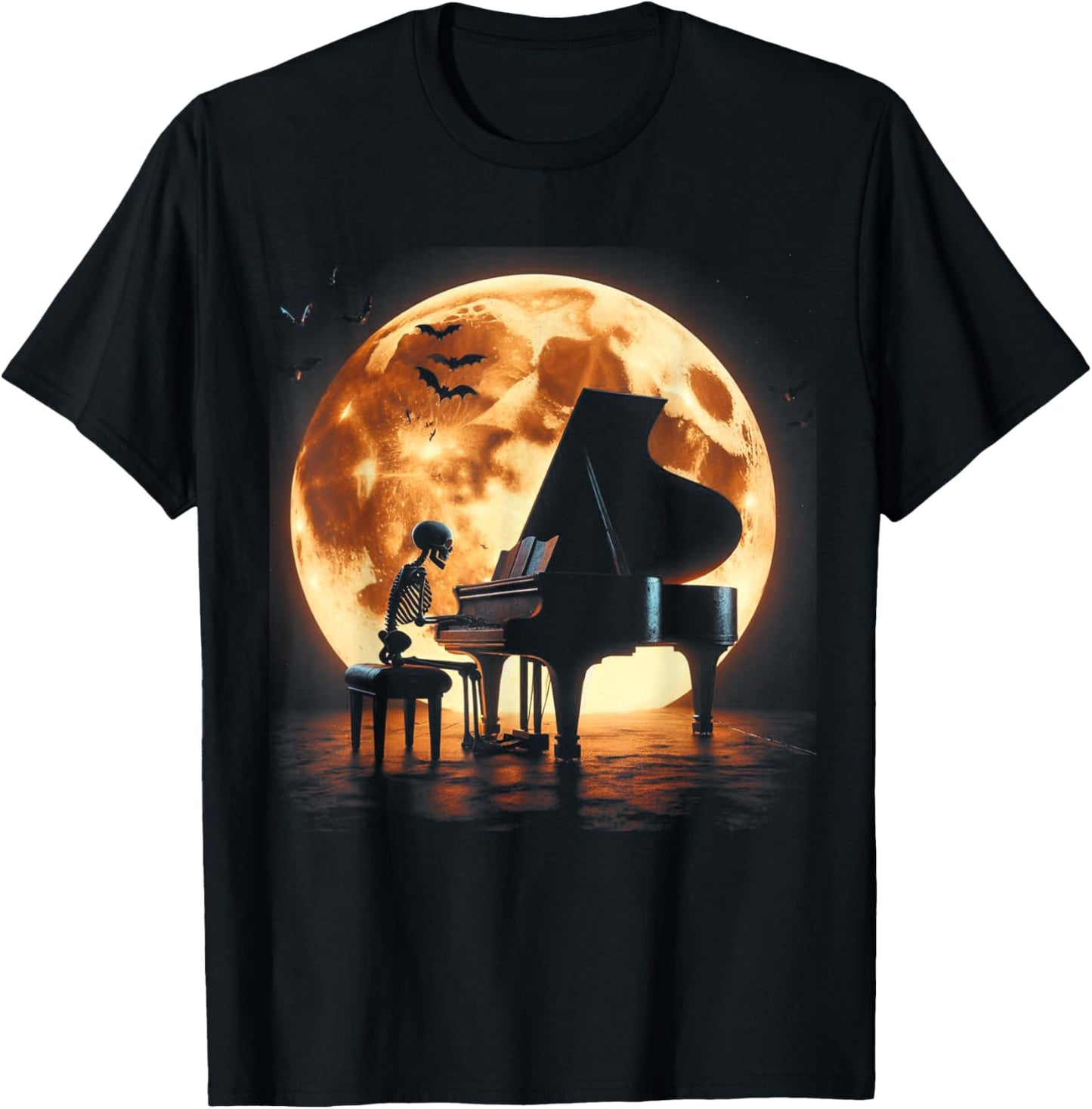 Skeleton Playing Piano Moon Halloween Music T-Shirt - T-Shirt | Black