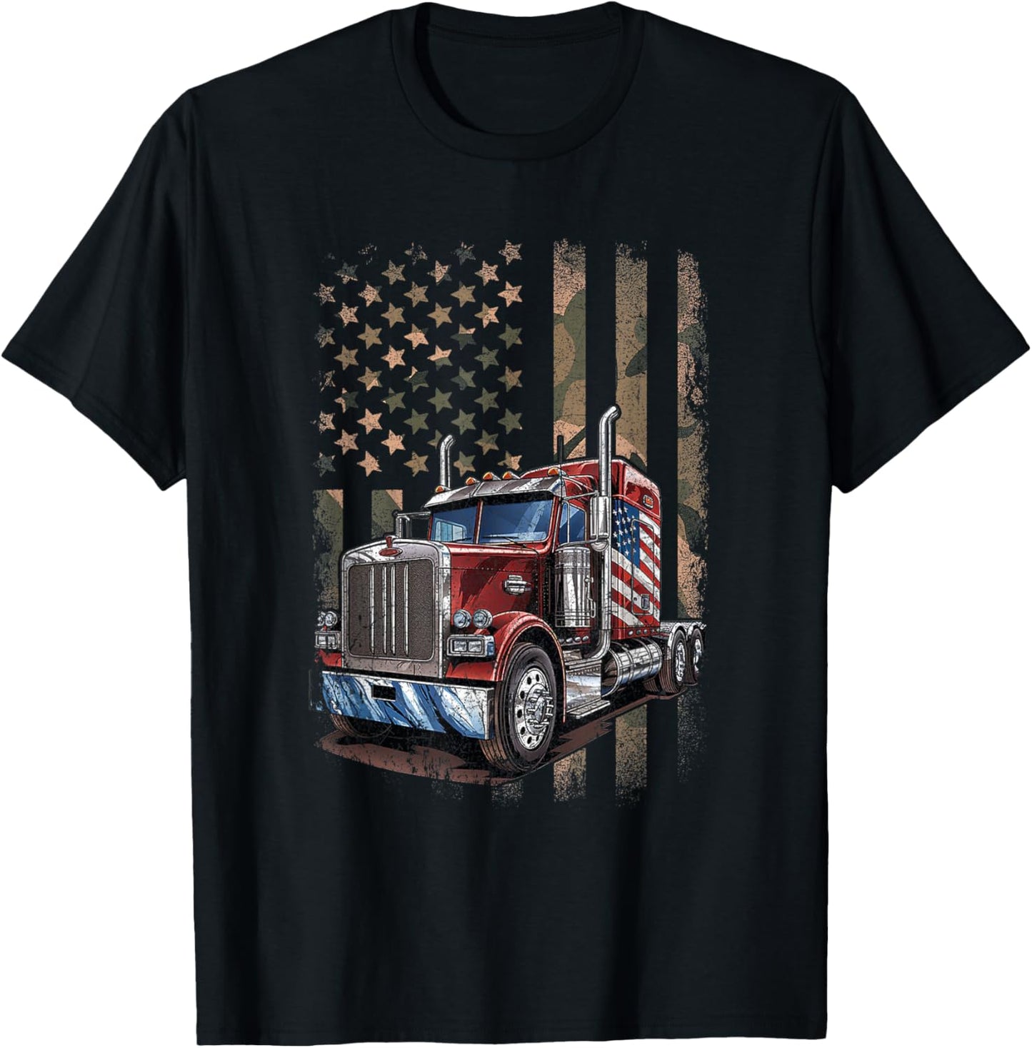 Truck Driver Camo USA American Flag Shirt Vintage Semi Truck T-Shirt - T-Shirt | Black