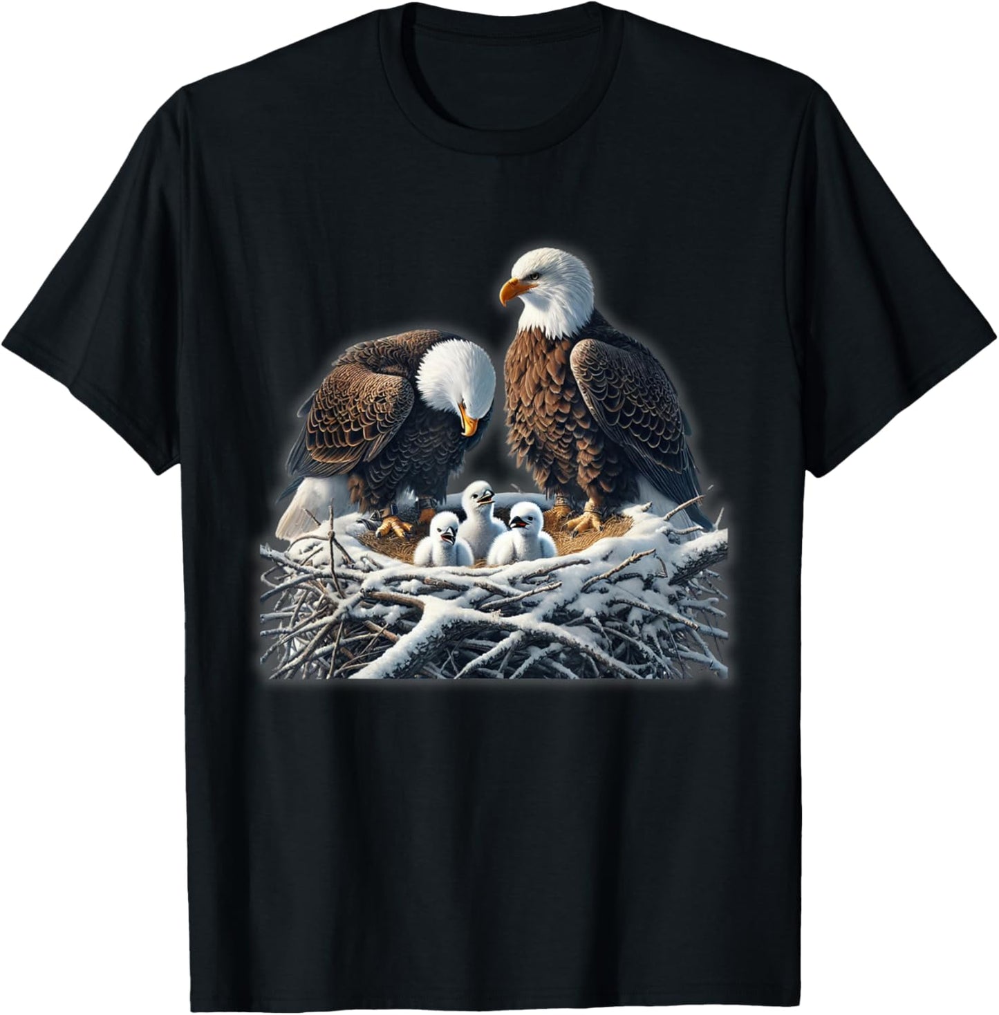 Bald Eagle Dad Mom Three Eaglet Chicks Babies in The Nest T-Shirt - T-Shirt | Black