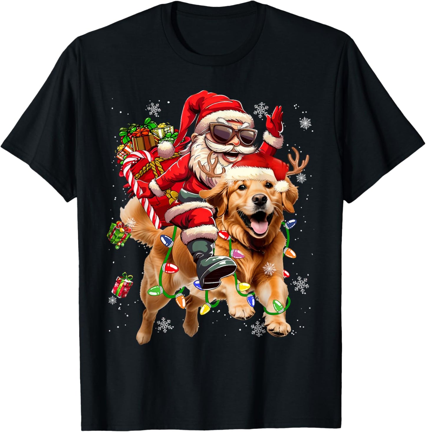 Merry Christmas 2025 Santa Riding Golden Retriever Dog Xmas T-Shirt - T-Shirt | Black