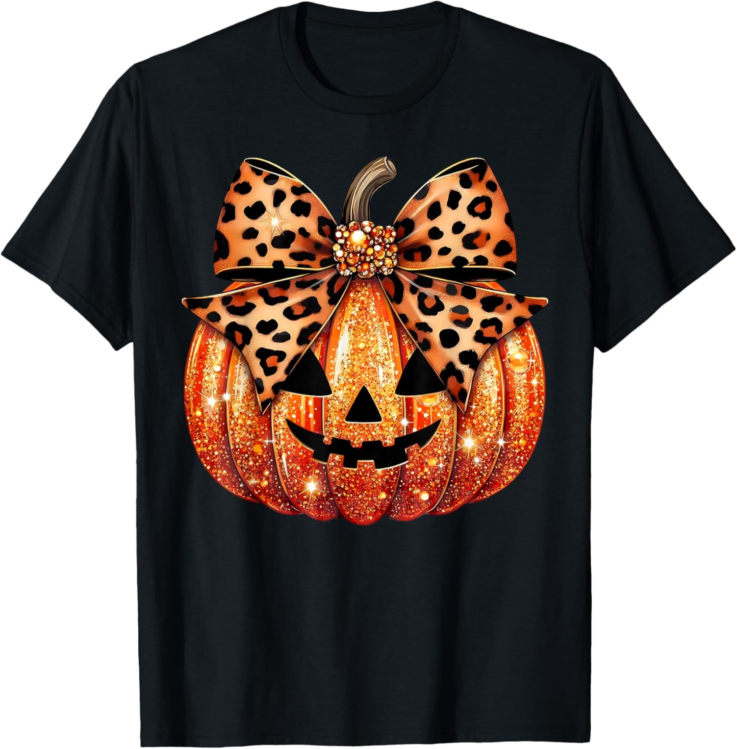 Sparkly Pumpkin Leopard Coquette Bow Pumpkin Girls T-Shirt - T-Shirt | Black