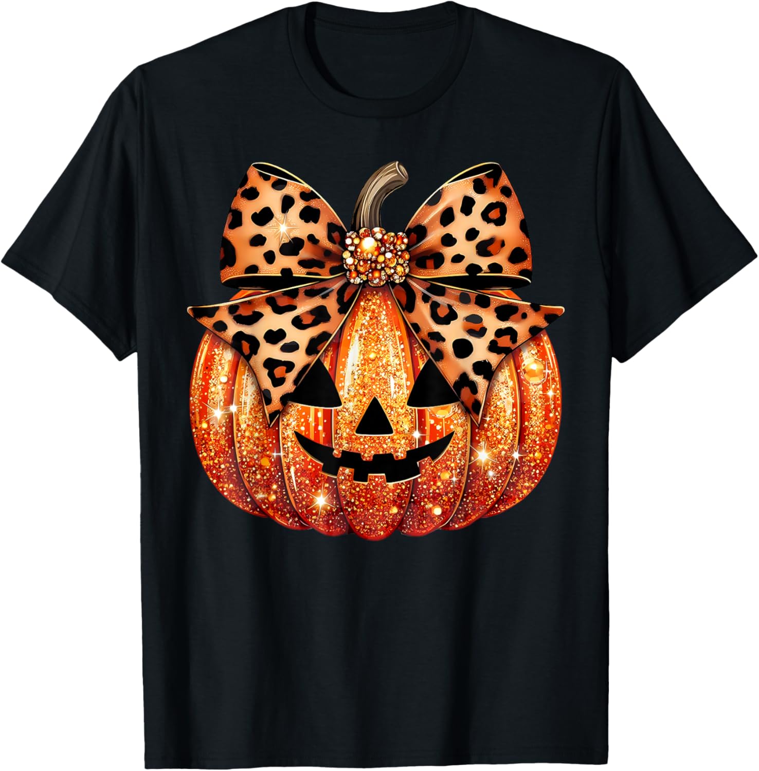 Sparkly Pumpkin Leopard Coquette Bow Pumpkin Girls T-Shirt - T-Shirt | Black