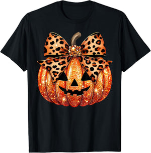 Sparkly Pumpkin Leopard Coquette Bow Pumpkin Girls T-Shirt - T-Shirt | Black