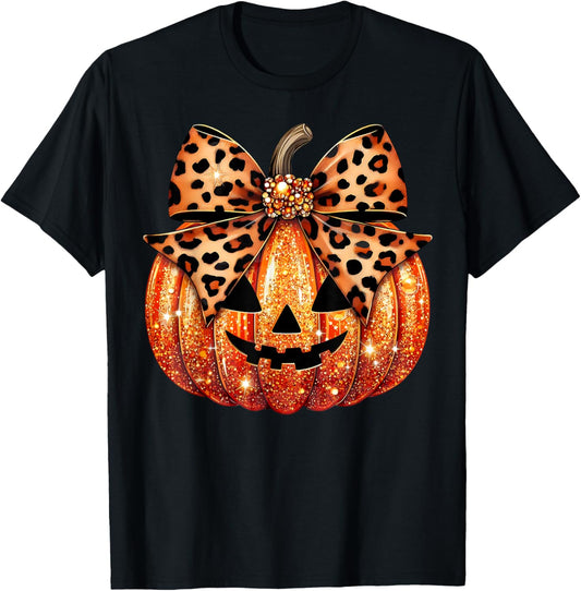 Sparkly Pumpkin Leopard Coquette Bow Pumpkin Girls T-Shirt - T-Shirt | Black
