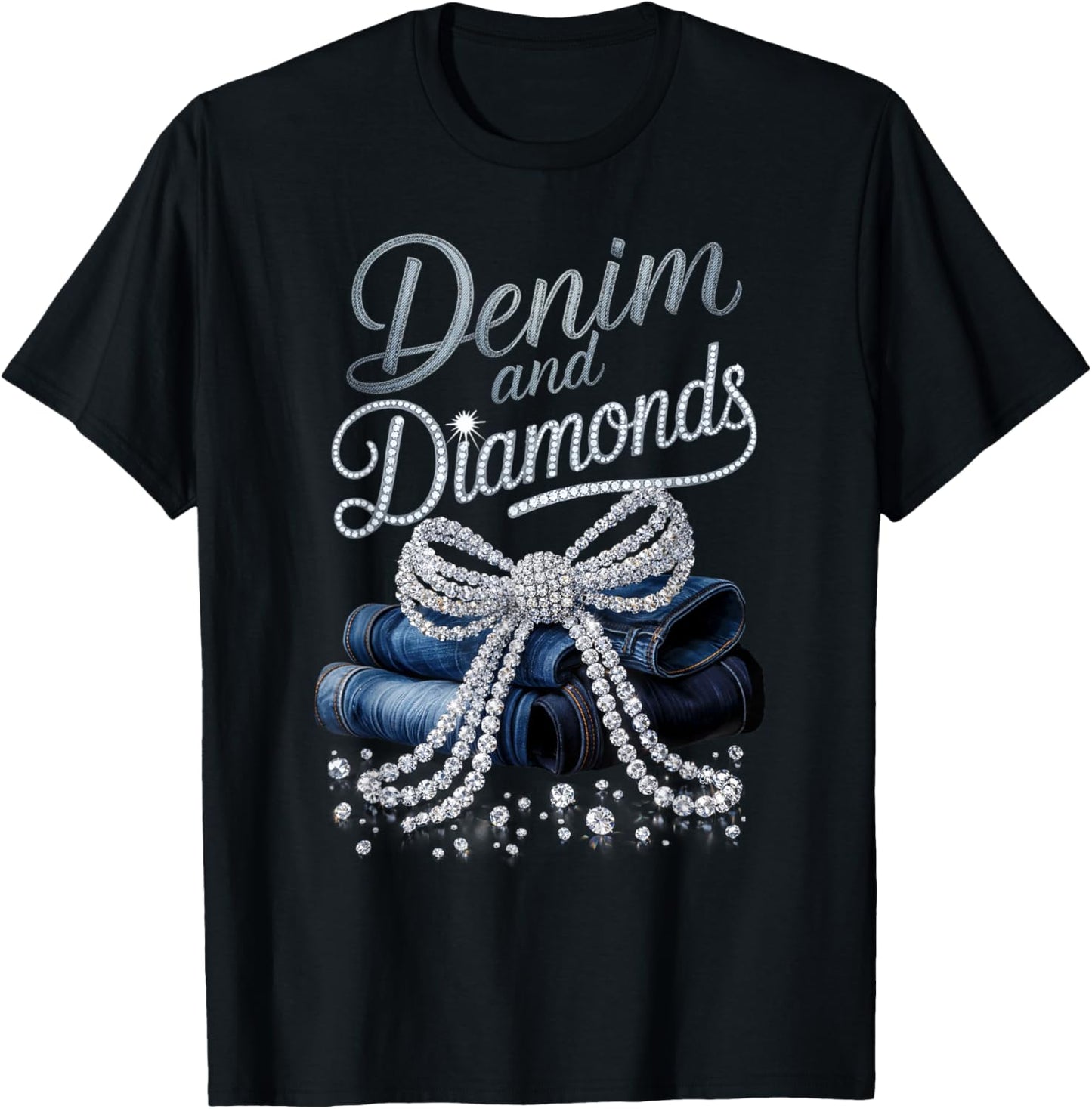 Denim and Diamonds Bow Western Cowgirl Ladies Girls Women T-Shirt - T-Shirt | Black