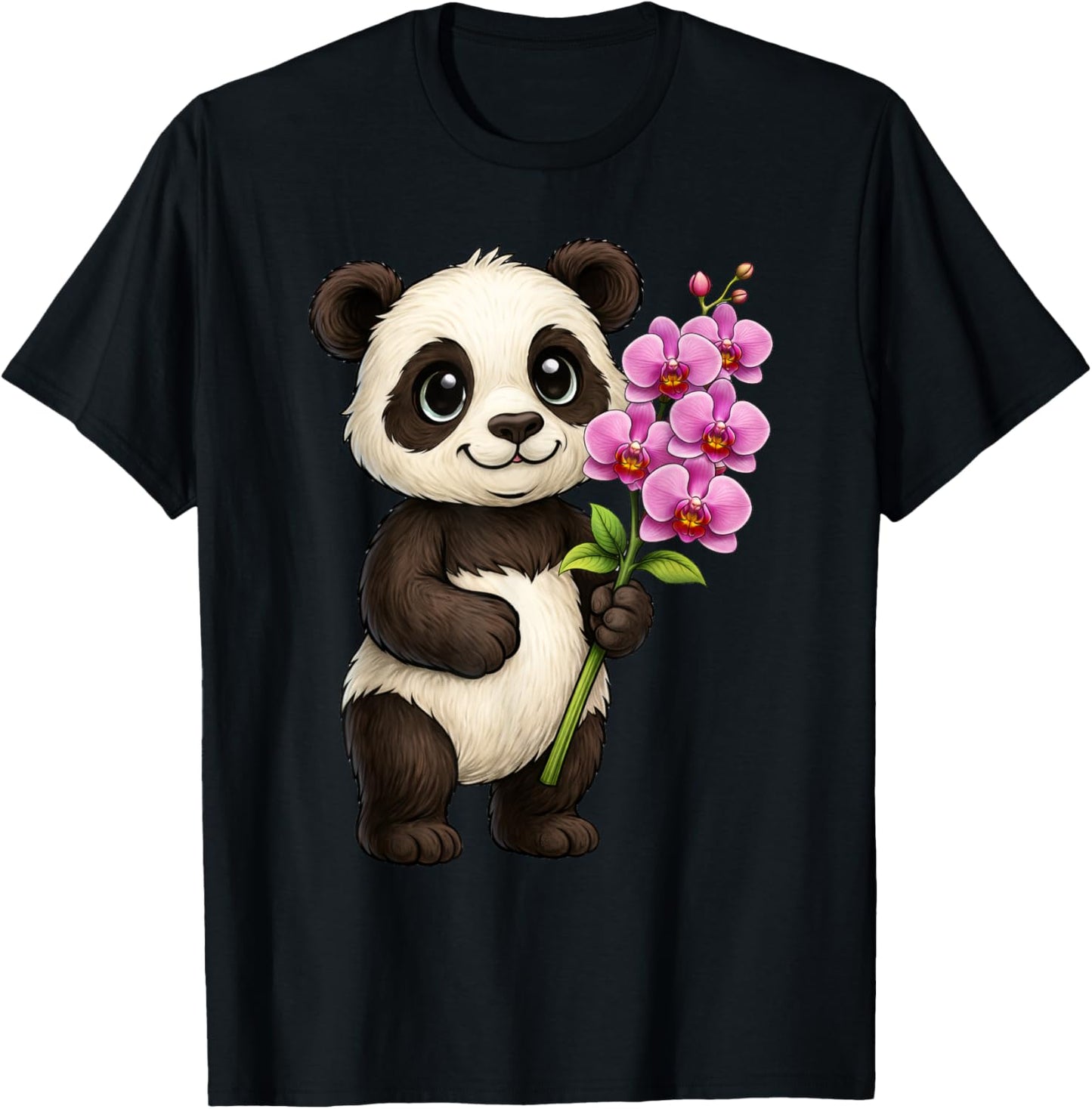 Cute Panda Bear Holding Orchid Flower T-Shirt - T-Shirt | Black