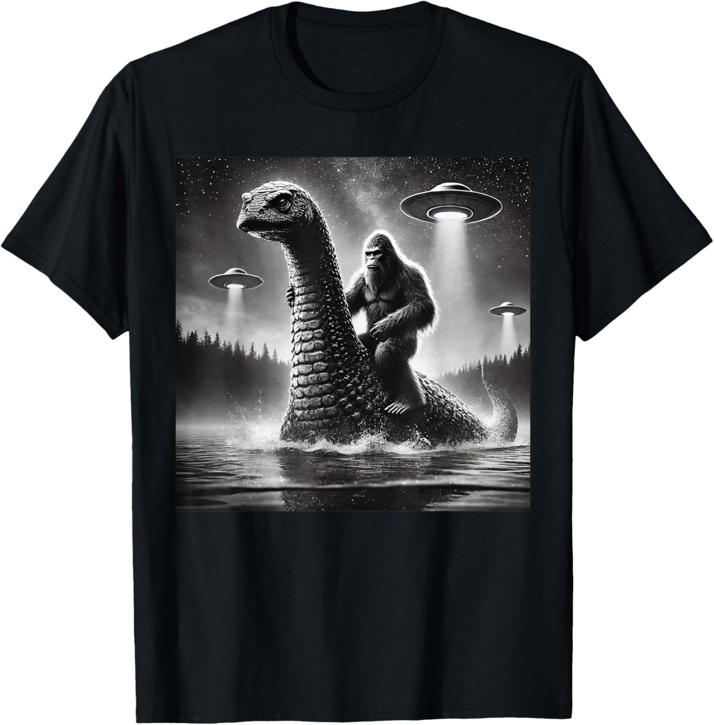 Bigfoot Riding Loch Ness Monster Alien UFO Funny Men Graphic T-Shirt - T-Shirt | Black
