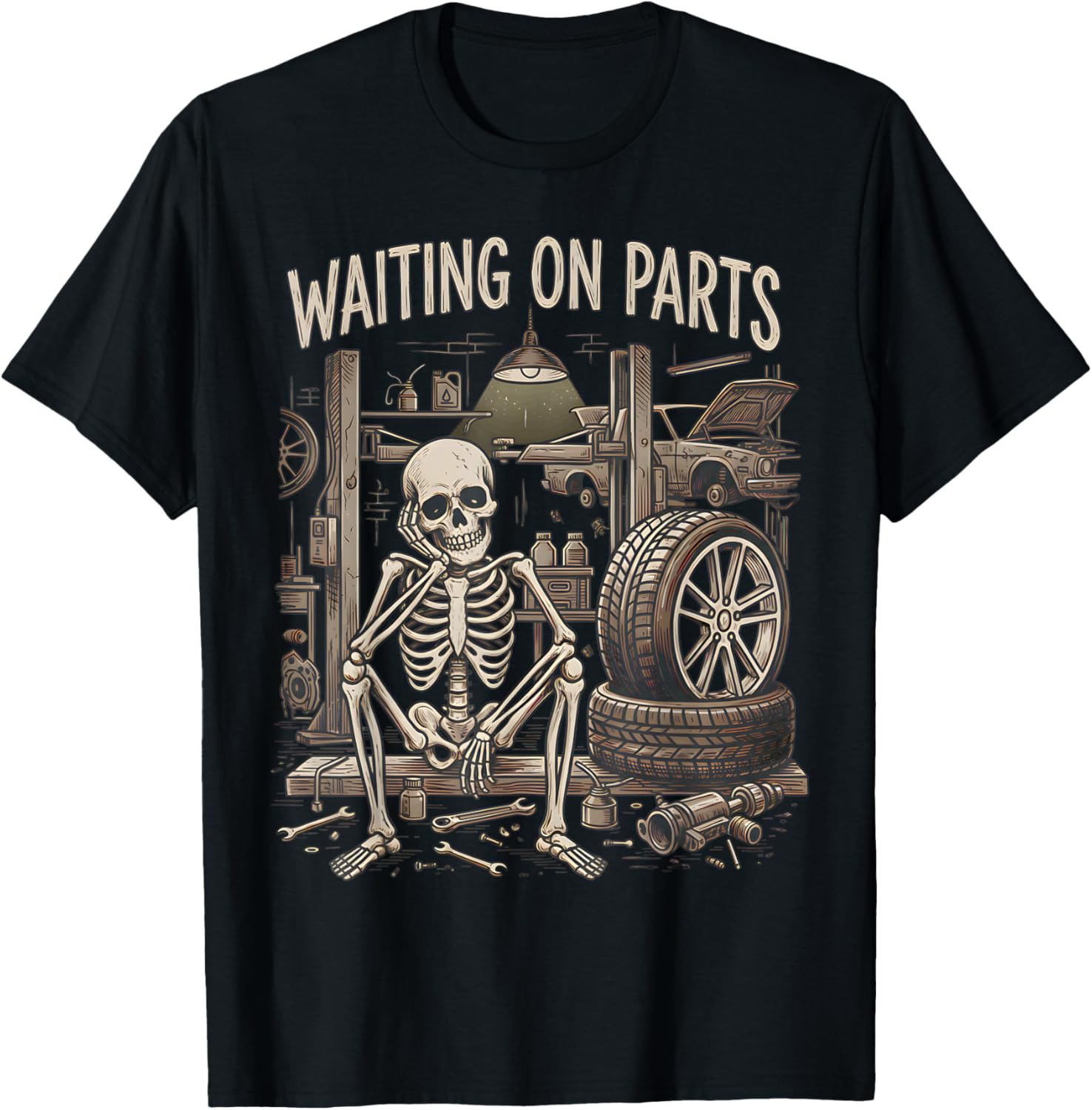 Waiting On Parts Funny Skeleton Auto Mechanic Technician T-Shirt - T-Shirt | Black