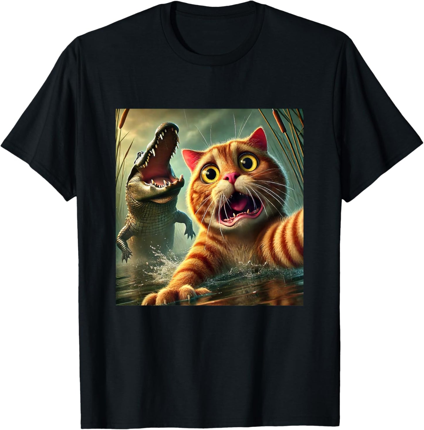 Cat Selfie With Alligator Funny Cat And Alligator T-Shirt - T-Shirt | Black