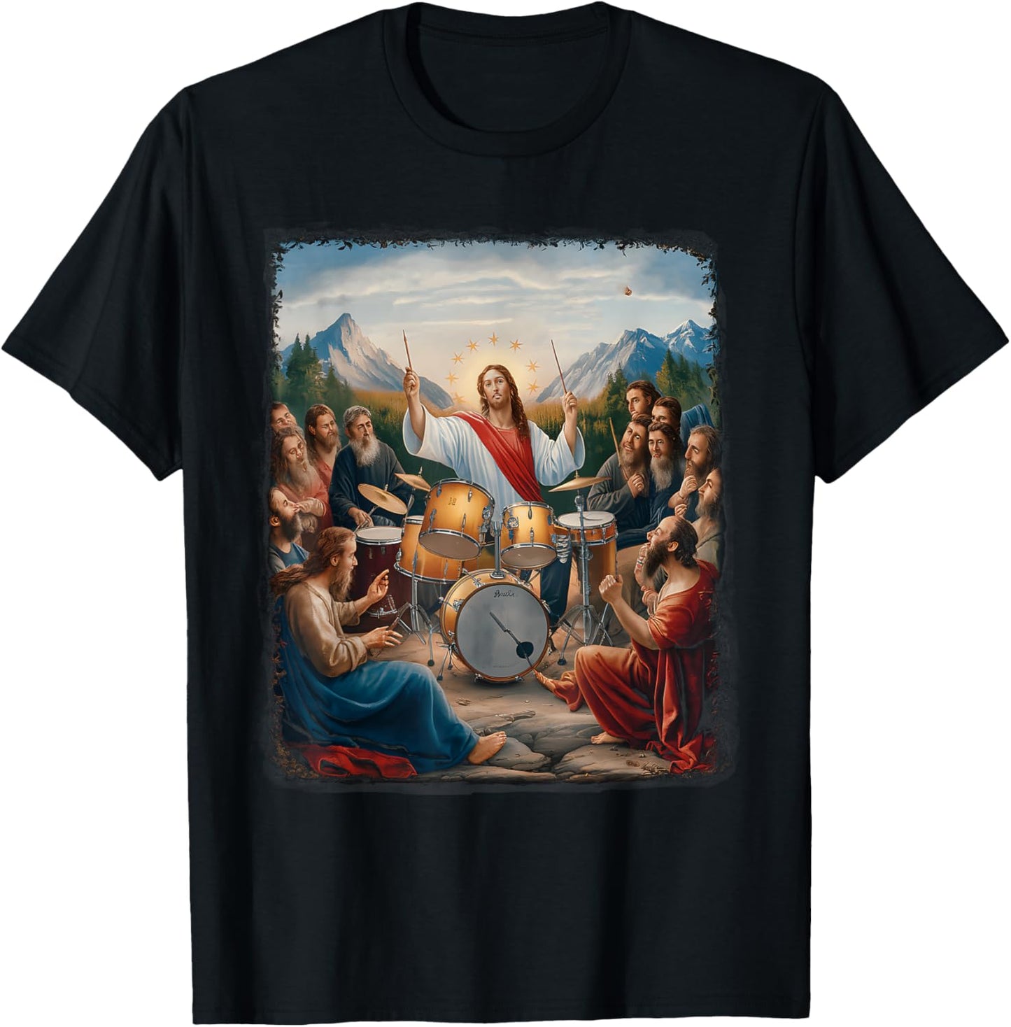 Jesus Playing Drums Funny Christian Drummer Painting T-Shirt - T-Shirt | Black
