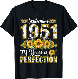 74 Year Old September 1951 Sunflower 74th Birthday Women T-Shirt - T-Shirt | Black