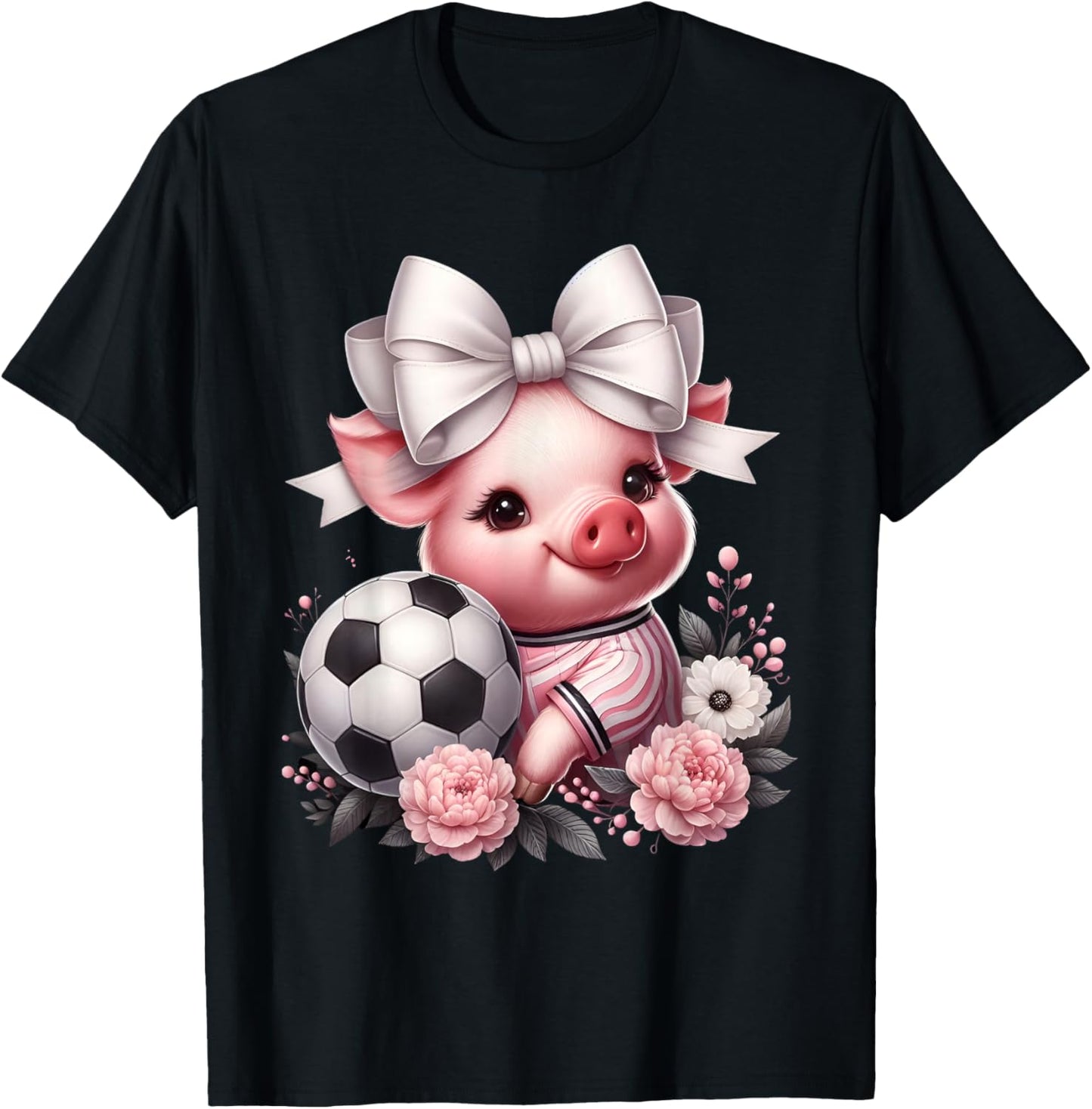 Cute Pig White Coquette Bow Soccer Pig Lover Player Sport T-Shirt - T-Shirt | Black