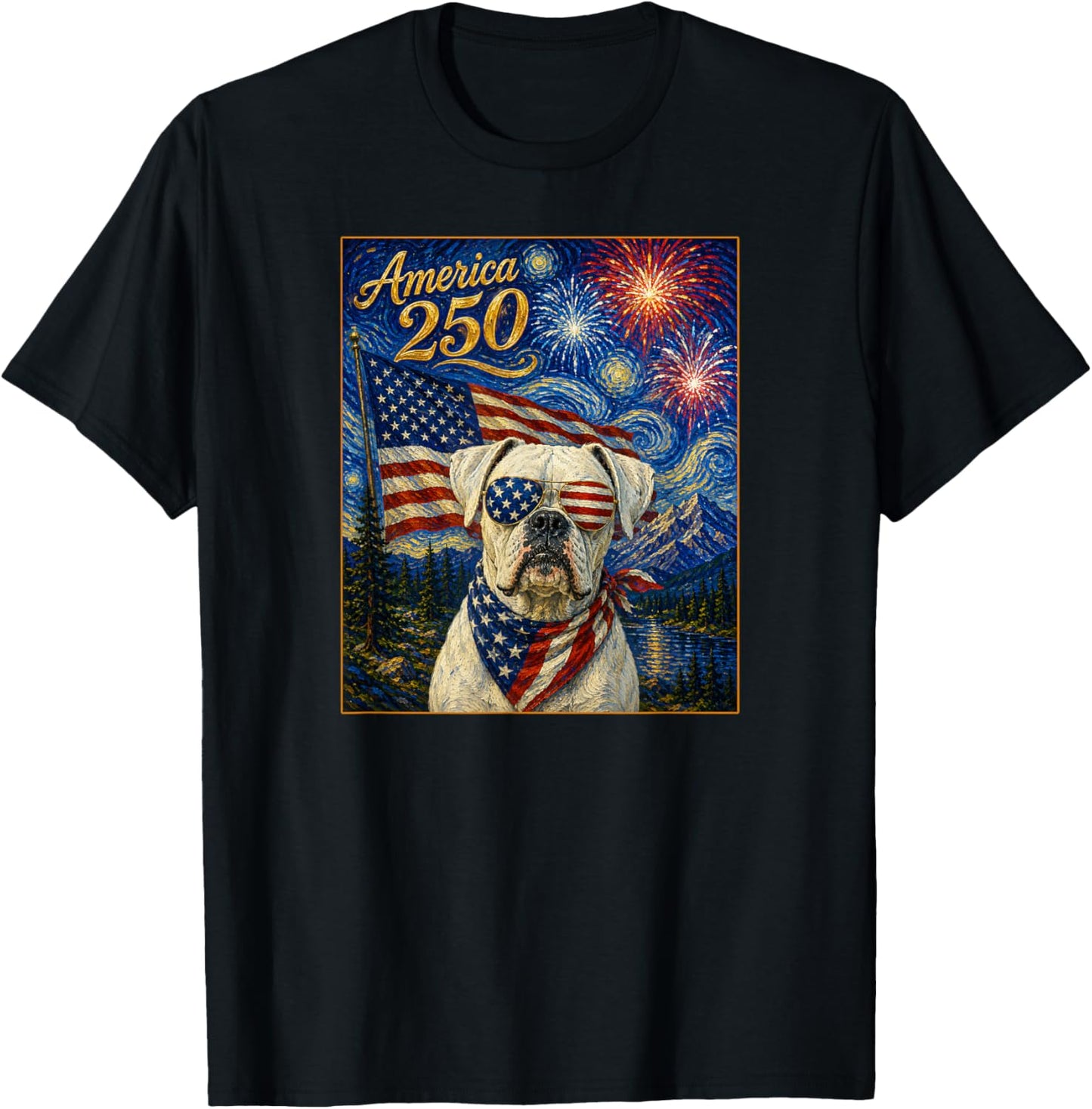 Boxer Dog Art on America 250 Anniversay 4th of July USA Flag T-Shirt - T-Shirt | Black