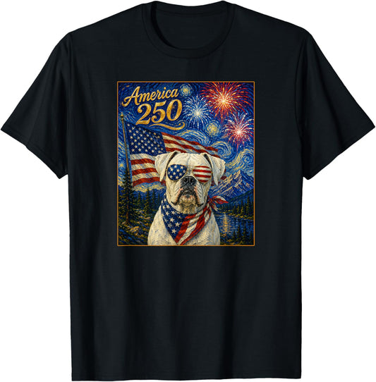 Boxer Dog Art on America 250 Anniversay 4th of July USA Flag T-Shirt - T-Shirt | Black