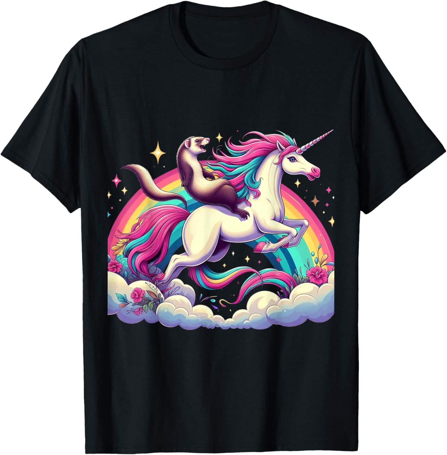 Ferret Riding Unicorn Boys Girls Men Women Kids Rainbow T-Shirt - T-Shirt | Black