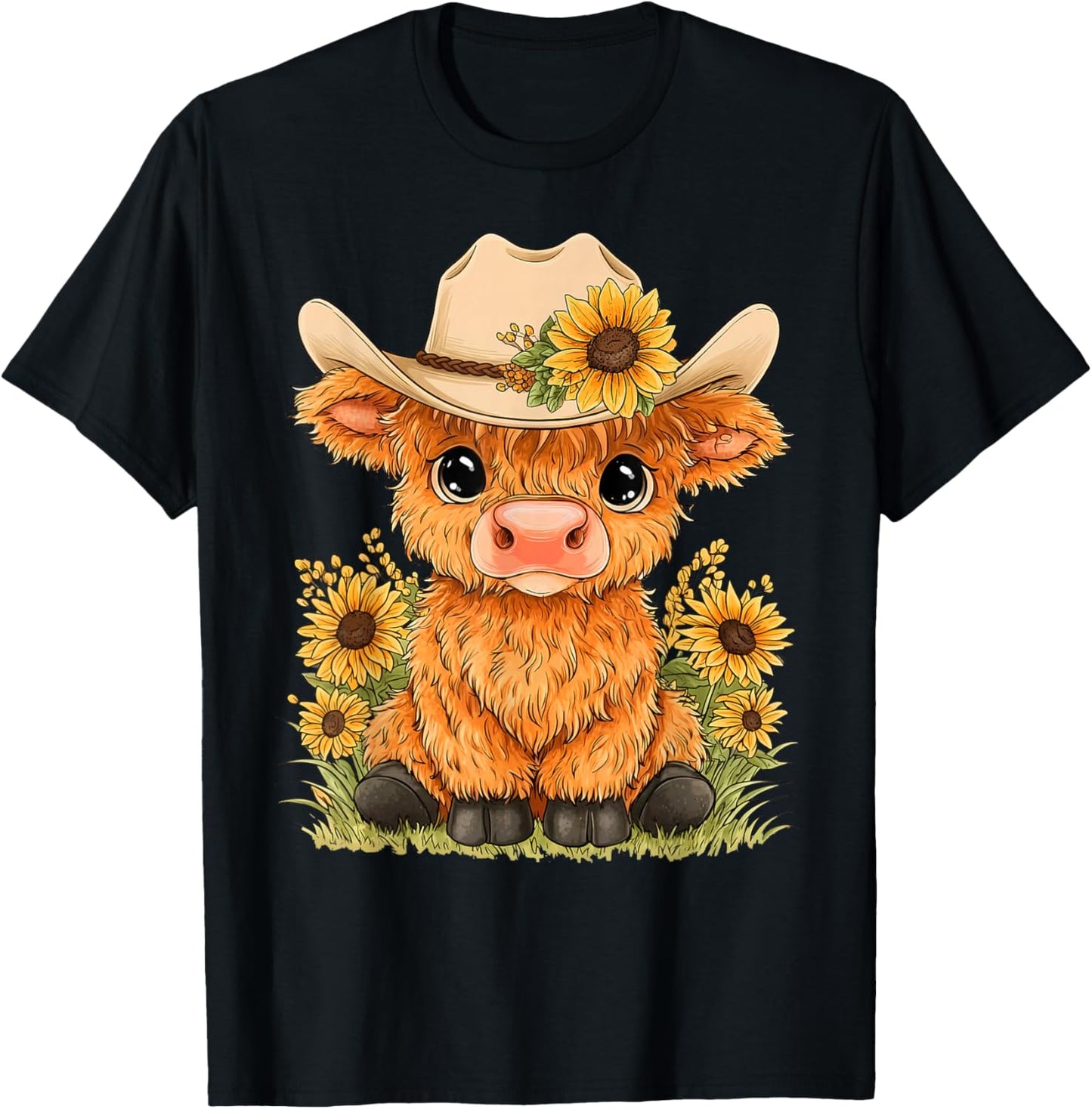 Scottish Highland Cow Farm Western Cowboy Sunflower Cowgirl T-Shirt - T-Shirt | Black