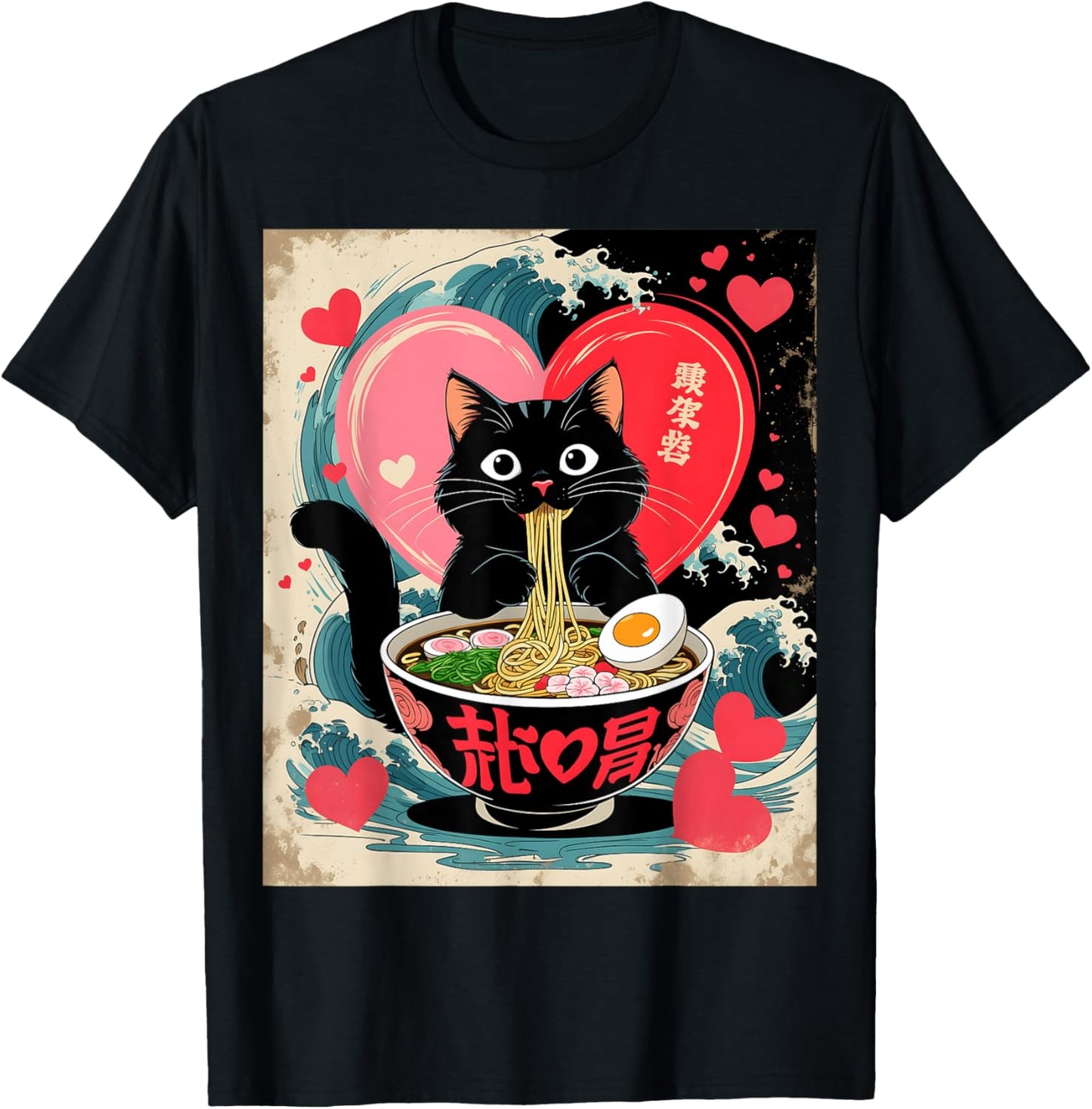 Kawaii Anime Cat Ramen Japanese Graphic Men Women Teens T-Shirt - T-Shirt | Black