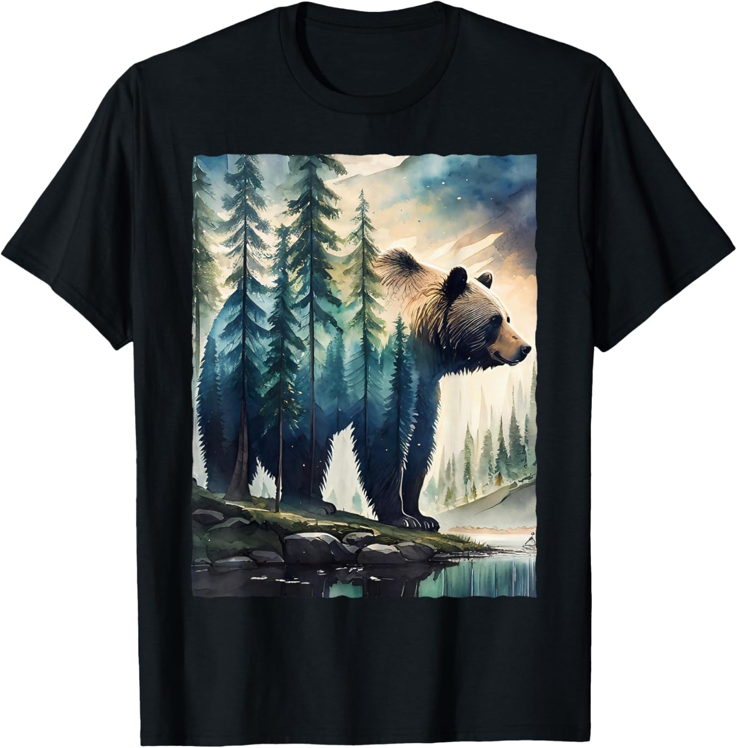 Bear and Forest Nature T-Shirt - T-Shirt | Black