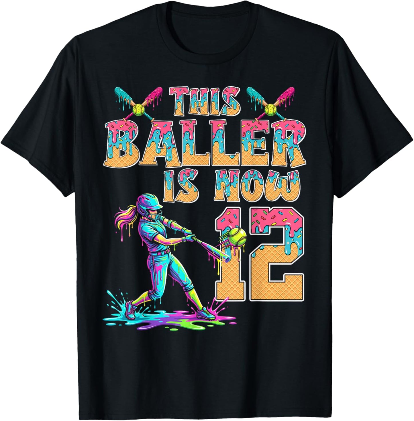 This Baller is Now 12 Years Old Birthday Girl Softball 12th T-Shirt - T-Shirt | Black