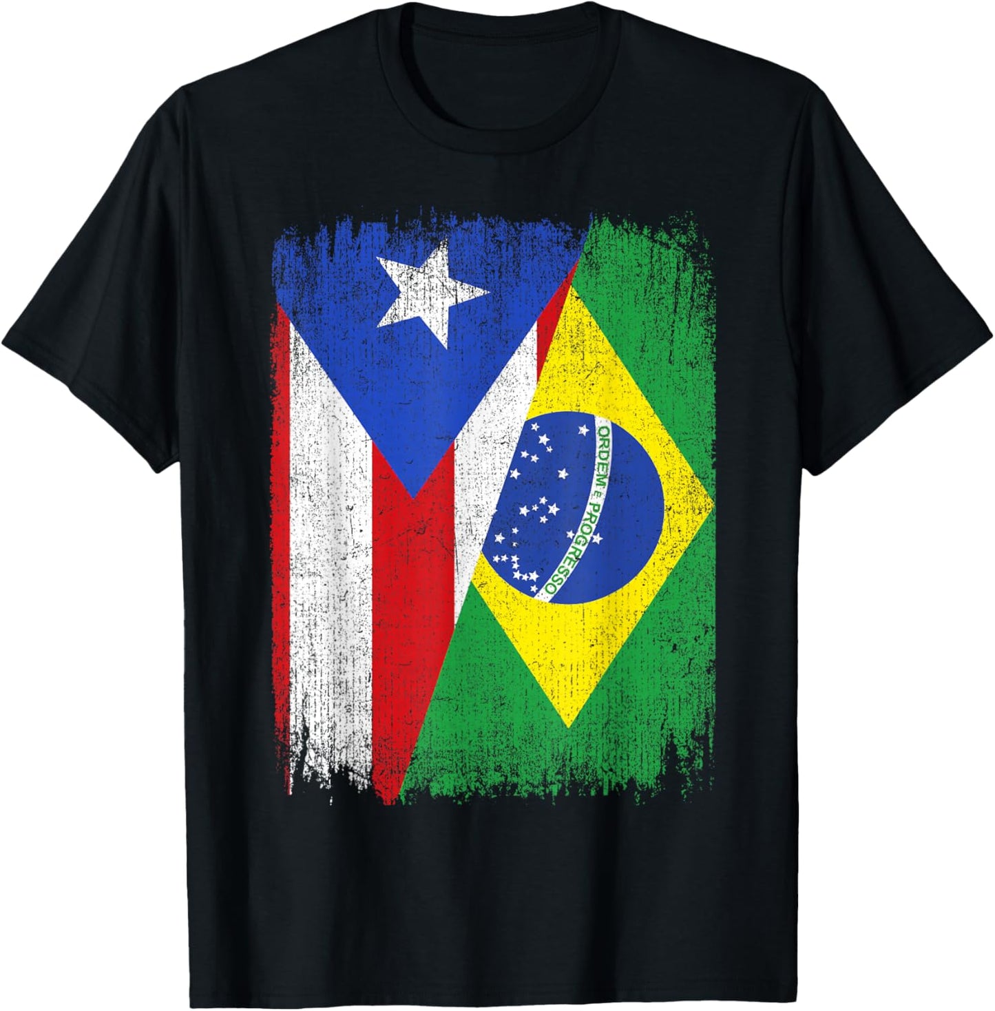 Half Puerto Rico Brazil Flag Brazilian Pride Roots T-Shirt - T-Shirt | Black