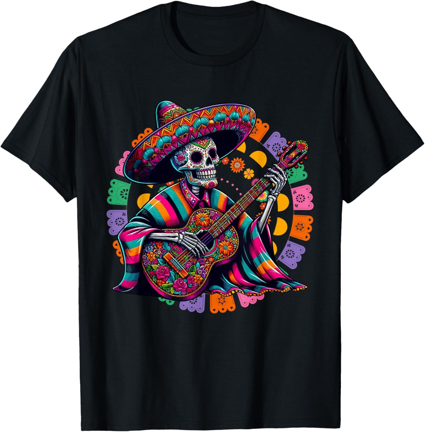 Dia De Los Muertos Skeleton playing guitar Sugar Skull Funny T-Shirt - T-Shirt | Black
