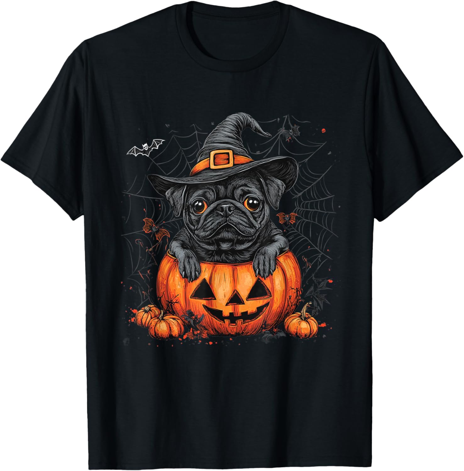 Black Pug Dog Pumpkin Halloween Thanksgiving Men Women Dog T-Shirt - T-Shirt | Black
