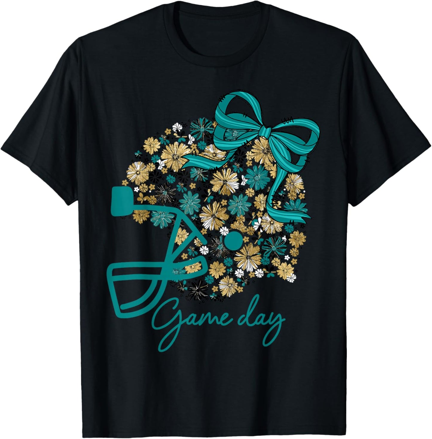 Floral Football Game Day Girly Team Spirit Black Teal & Gold T-Shirt - T-Shirt | Black