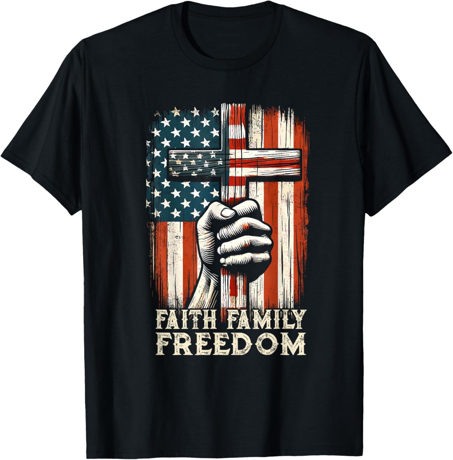 Vintage USA Flag Faith Family Freedom Patriotic Christian T-Shirt - T-Shirt | Black