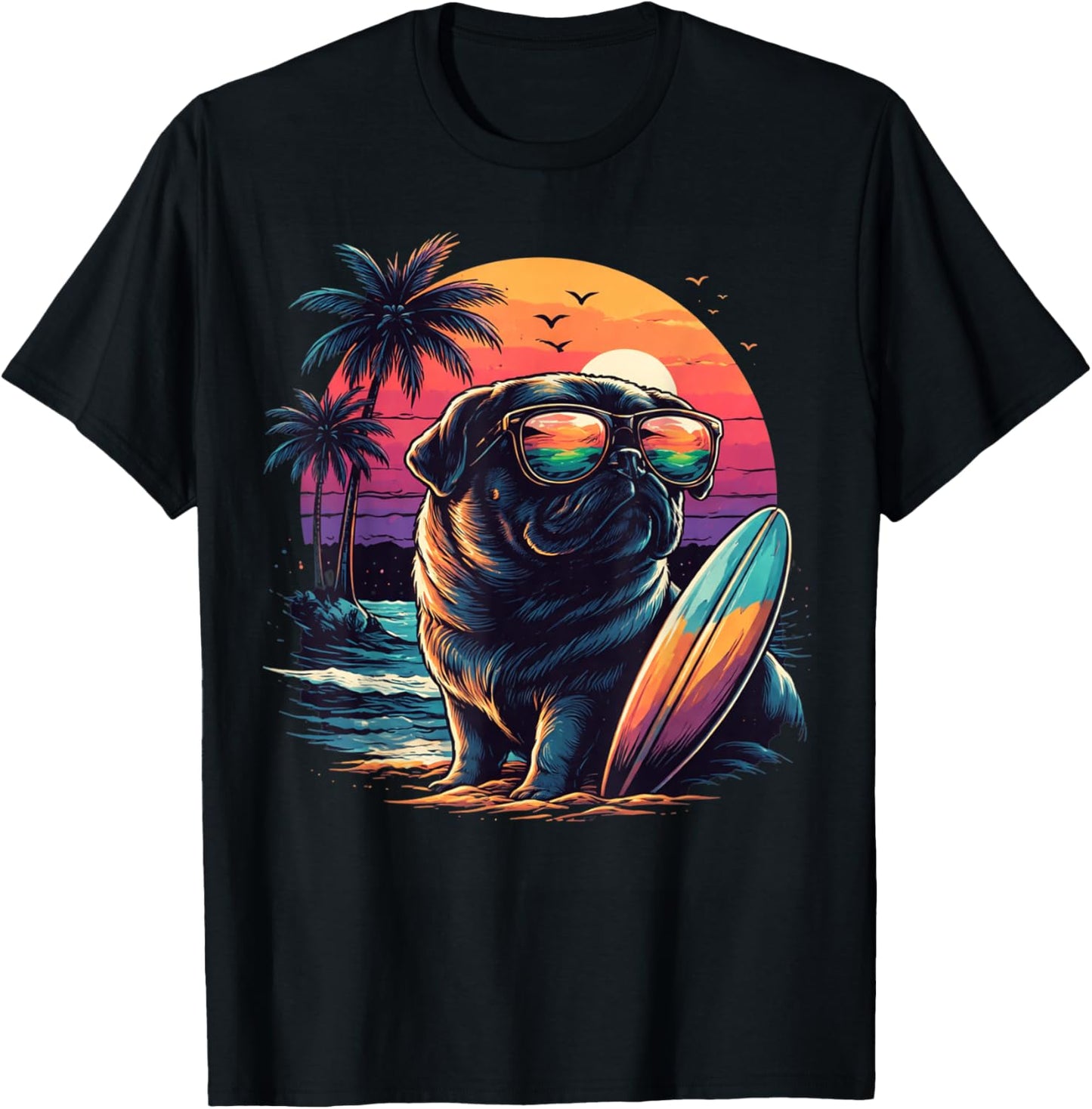 Funny Pug Lover Cute Colorful Surfing Puppy Summer Beach Sun T-Shirt - T-Shirt | Black