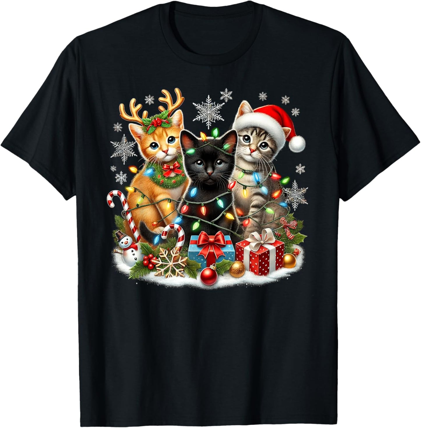 Merry Christmas Baby Cats Presents Snowflake Santa Claus T-Shirt - T-Shirt | Black