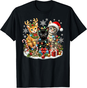 Merry Christmas Baby Cats Presents Snowflake Santa Claus T-Shirt - T-Shirt | Black