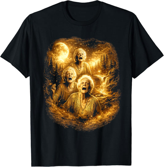 Three Granny Howling to The Moon Meme 90s Meme T-Shirt - T-Shirt | Black